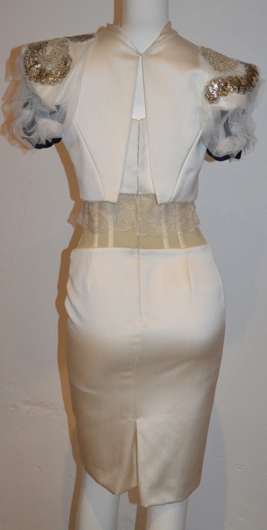 Christian Lacroix all-ivory pencil, high-necked, laced-trimmed sophisticated dress 2