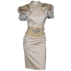 Christian Lacroix all-ivory pencil, high-necked, laced-trimmed sophisticated dress
