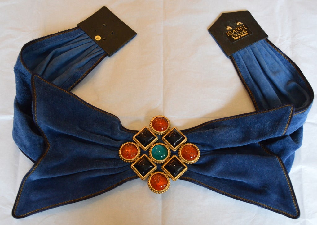 Women's Isabel Canovas Blue Suede Large Belt with Colorful Glass Stones