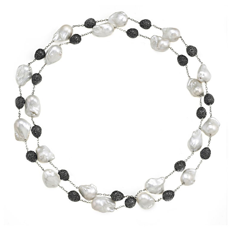 Black Diamond and Baroque Pearl Long Chain For Sale