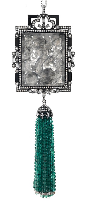 Rectangular grey jade pendant set in 18k white gold with diamonds tw 3.18ct and black onyx accents- in the deco style- with emeralds tassel- hanging on an 18k white gold chain adorned with diamonds and sapphires, 30