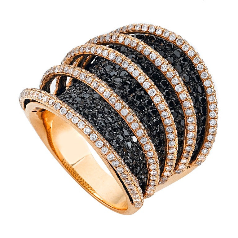 Black and White Diamonds Rose Gold Spiral Band Ring