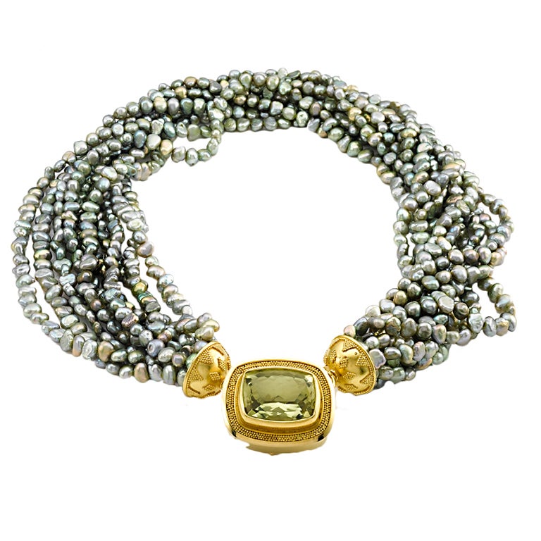 Peridot Quartz Pearl Collar For Sale