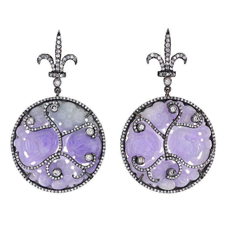 Carved Lavender Jade Diamond Earrings For Sale