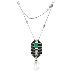 Octagonal Emerald Pearl Diamond Pendant