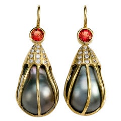 Caged Tahitian Pearl Pink Sapphire Diamond Gold Earrings