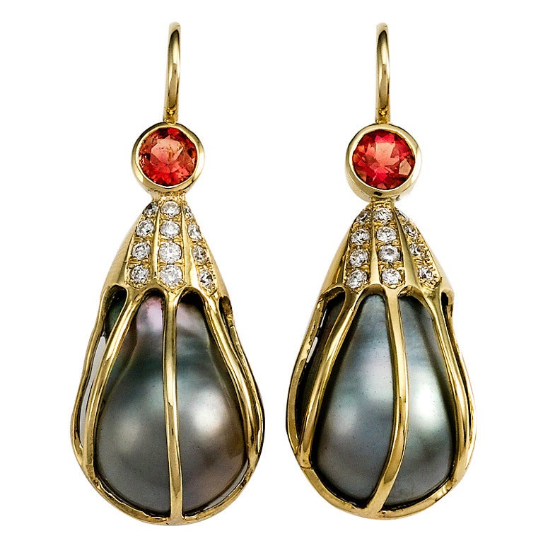 Caged Tahitian Pearl Pink Sapphire Diamond Gold Earrings For Sale