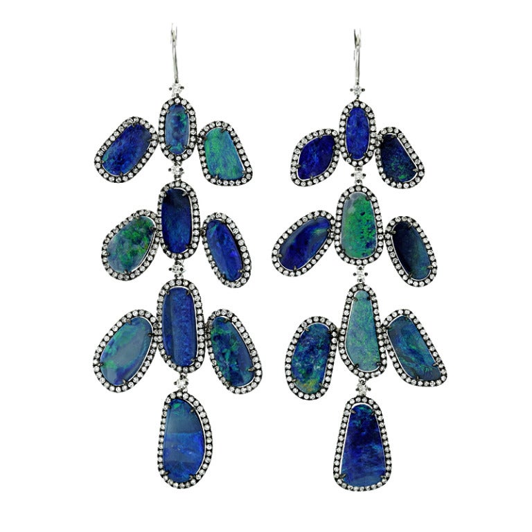 18k opal earrings with diamonds For Sale