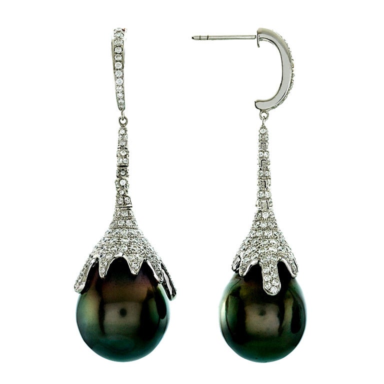Tahitian Pearl Earrings Set in White Gold with Diamonds For Sale