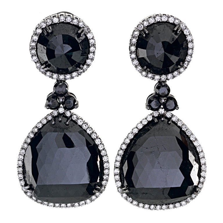 71 Carats of Black Diamonds Drop Earrings
