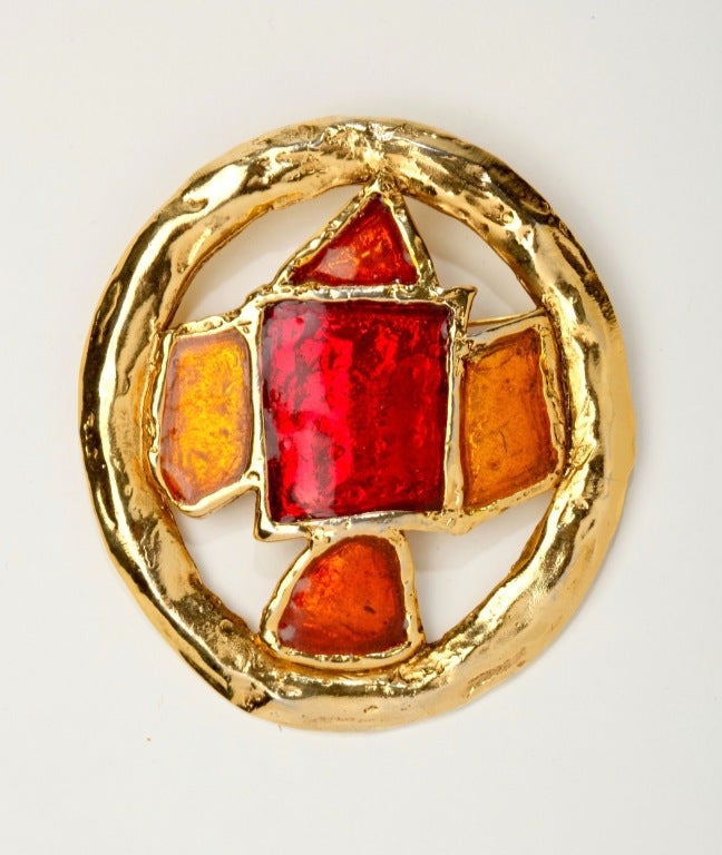 Very Rare French Runway brooch by Hanae Mori with red, orange and gold poured glass set in gilt metal.  Extraordinary design and look. Signed Hanae Mori Paris.