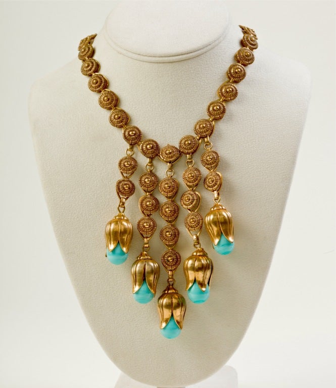 A Truly Spectacular Victorian Revival Festoon Necklace with textured gilt brass links and turquoise art glass drops. Largest drop is 04.90 long.