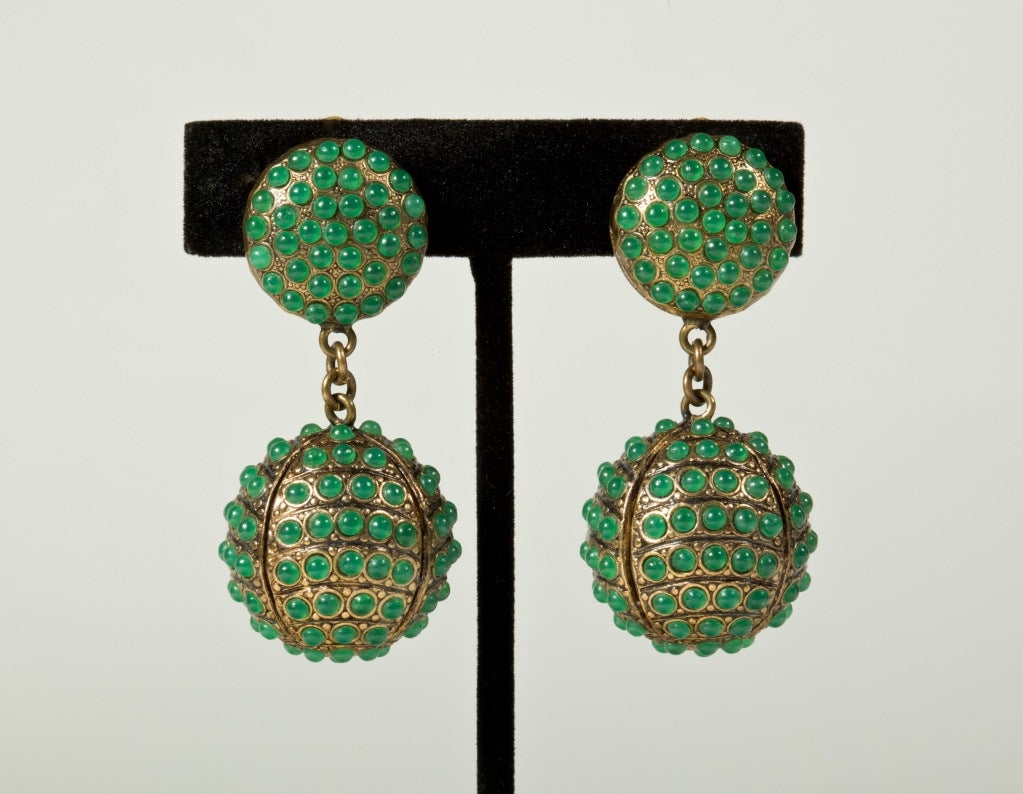 A Stunning Pair of Vintage Venetian Ear Pendants set with a luscious array of tiny green glass orbs within gilt metal quadrants, a truly rare and spectacular find!