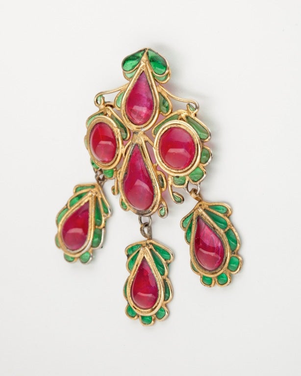 Spectacular French Gripoix Pink and Green Brooch, circa late 30's, 1940's. Stunning array of floral motif.