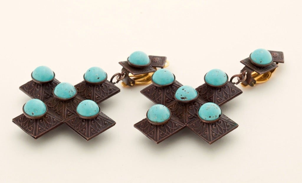 Stunning Pair of Runway Copper and Faux Turquoise Cross Earrings found in France.  A truly unique and rare find consisting of dimensional etched copper details with faux turquoise circles.  Exceptional scale and design, unsigned.