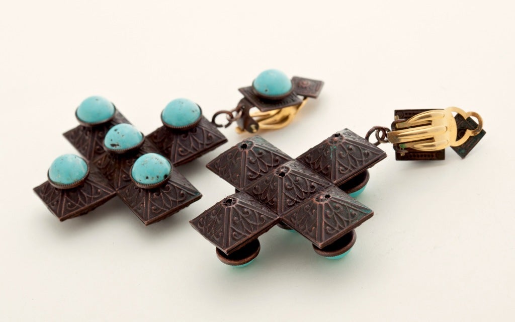 French Turquoise and Copper Earrings In Good Condition In New York, NY