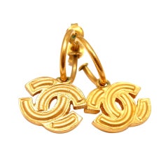 CHANEL French Couture Collection Gold Tone CC Logo Hoop Earrings