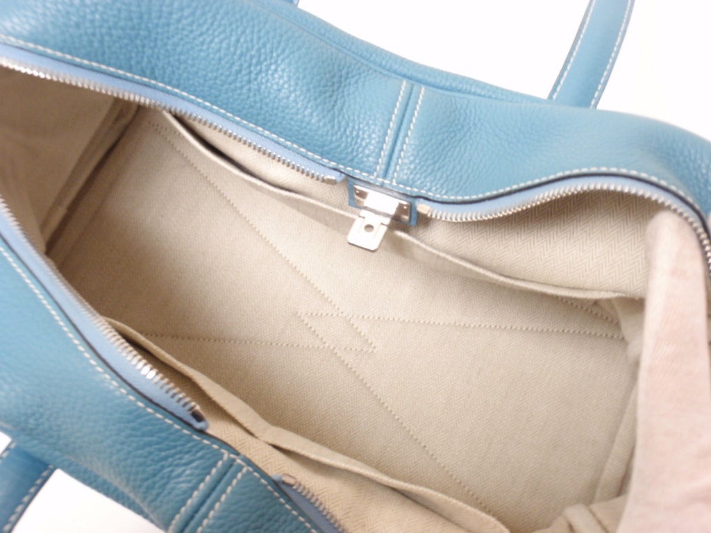 HERMES Victoria II Blue Clemence Leather Travel Tote Handbag 4