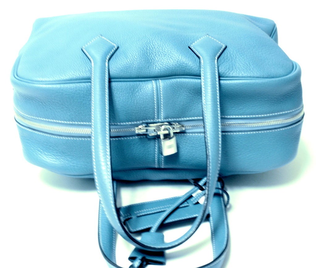 HERMES Victoria II Blue Clemence Leather Travel Tote Handbag 6