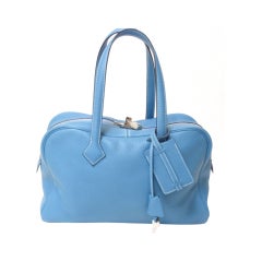 Used HERMES Victoria II Blue Clemence Leather Travel Tote Handbag