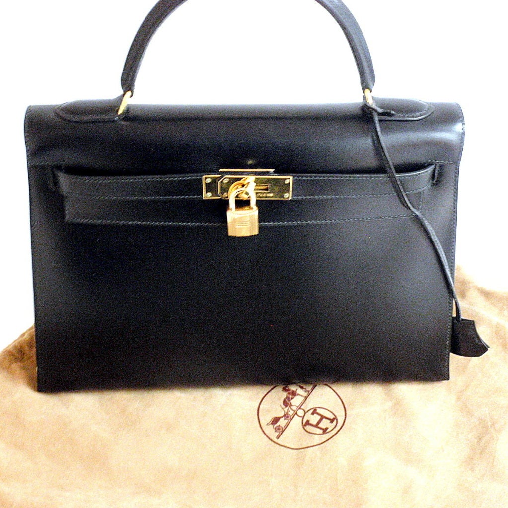 HERMES Kelly 32cm Black Box Leather Handbag from 1992 2