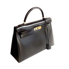 HERMES Kelly 32cm Black Box Leather Handbag from 1992