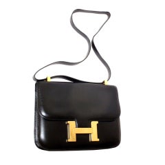 HERMES Constance Black Box Leather Shoulder Handbag