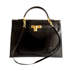 Vintage HERMES KELLY 35cm Black Box Calf Gold Hardware Strap Handbag