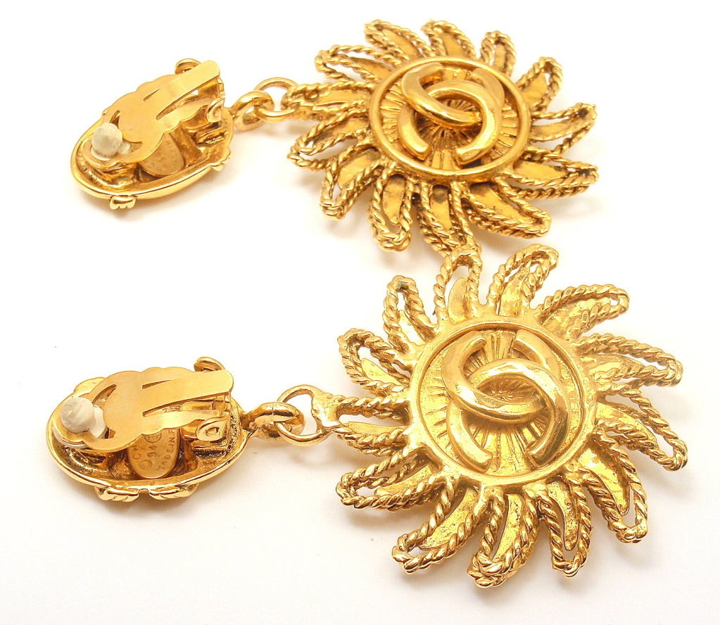 Women's CHANEL French Couture Collection Gold Tone CC Logo Soleil Large Earrings