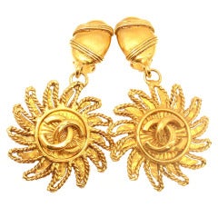 CHANEL French Couture Collection Gold Tone CC Logo Soleil Large Earrings