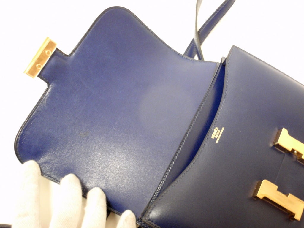 HERMES Constance Blue Electric Box Leather Shoulder Handbag