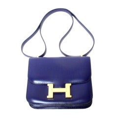 HERMES Constance Blue Electric Box Leather Shoulder Handbag