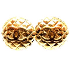 CHANEL Vintage Quilted Large Gold Tone Earrings