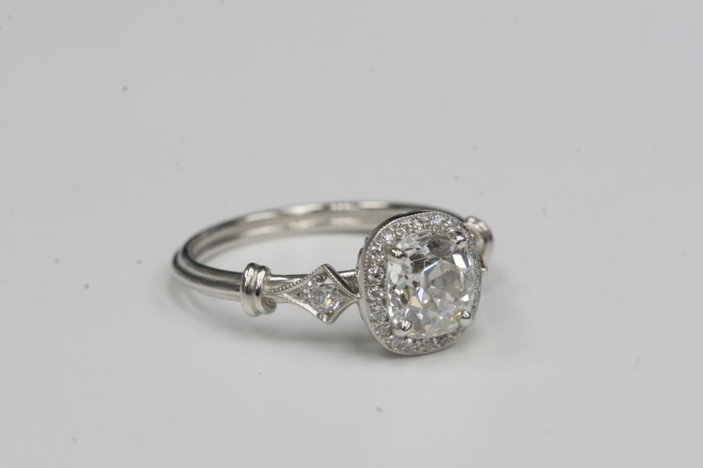 1.12 H SI1 EGL certified vintage Cushion cut diamond set in a Platinum hand crafted 