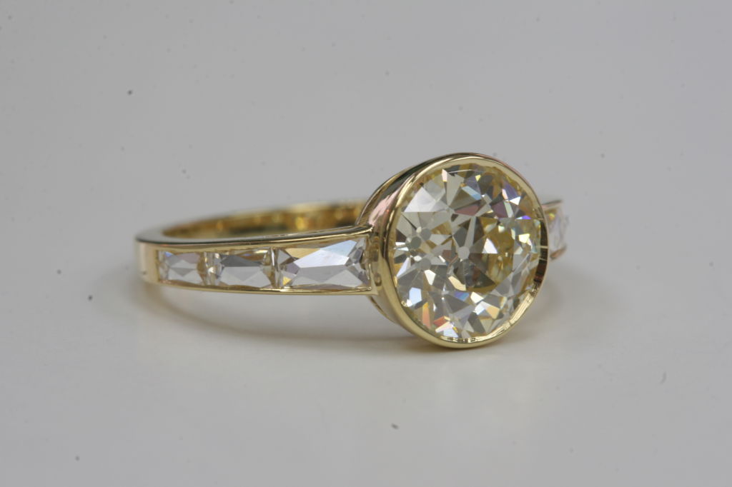 1.96 N-O color VS clarity vintage European cut diamond set in a spectacular French cut deco style hand crafted 