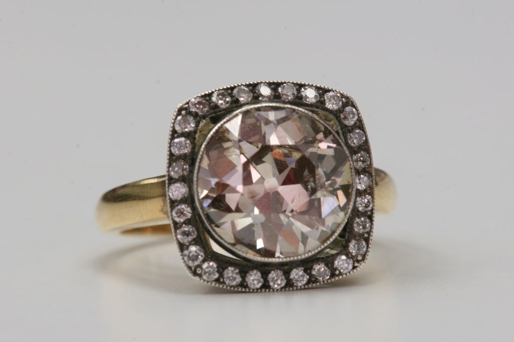 3.84ct Brown/SI2 old European cut diamond set in an 18kt yellow gold and silver hand crafted 