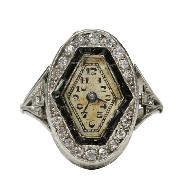 Lady's Platinum, Diamond and Onyx Ring Watch circa 1930s