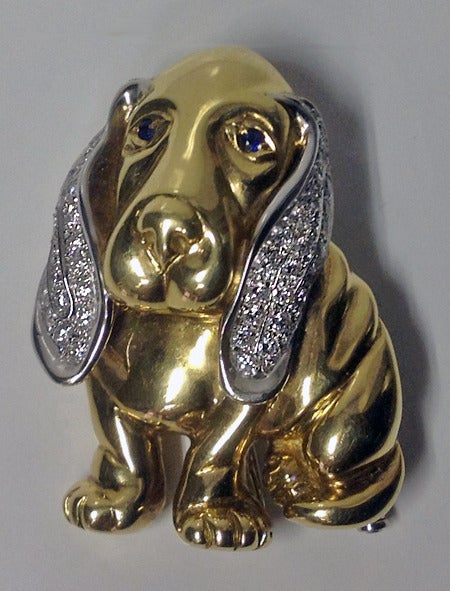 Diamond Gold Basset Hound Brooch Milano Piero.