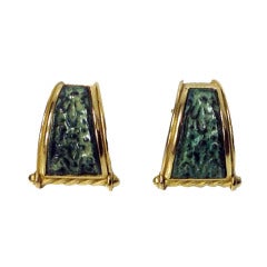 Vintage Pair green ceramic gold unique Earrings.