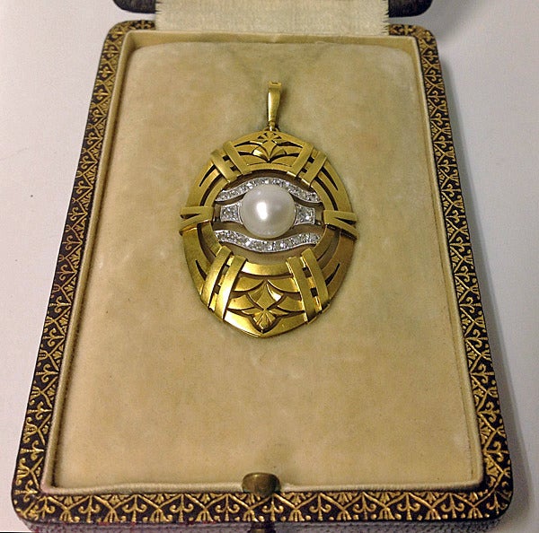 Pearl Diamond Pendant Hugo Stromdahl Sweden C.1930