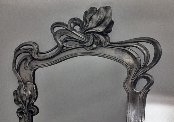 Art Nouveau pewter Mirror, attr Argentor, Austria C.1900. The mirror of floral design, original easel and back. Height: 52 cm. Width: 32 cm. For attribution Ref: Christies, London SK, Nov 7, 2007, Lot 159 Sold US$1,962.