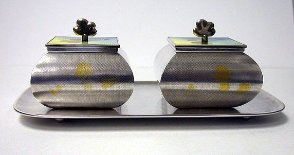 Rare Japanese Sterling Enamel Wasabi Ginger Condiments