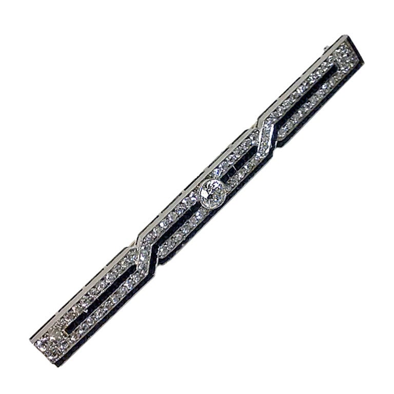 Art Deco J. E. Caldwell Diamond Onyx Platinum Bar Brooch