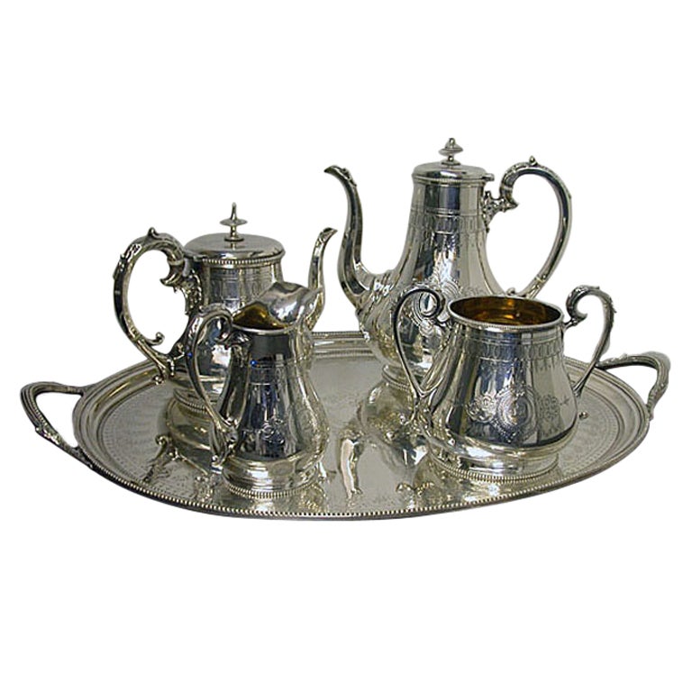 Antique English Silver Tea & Coffee Service & Tray 141ozs