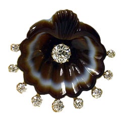 Antique Gold, Diamond and Agate Shell Brooch, England, circa 1875