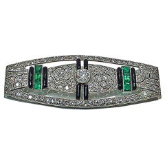 Art Deco French Diamond Emerald Onyx Platinum plaque Brooch1925