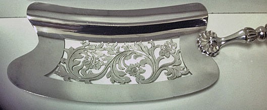 Large Antique Dutch Silver Slice, date mark for 1841, 833 std, assay office Rotterdam. The Serving Slice with large welled scimitar like blade, pierced with foliage amidst stippled background, the handle of shell and stippled design. Dutch hallmarks