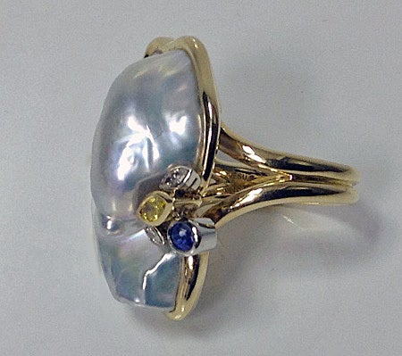 Marquise Cut Mother-of-Pearl, Diamond, Sapphire Ring
