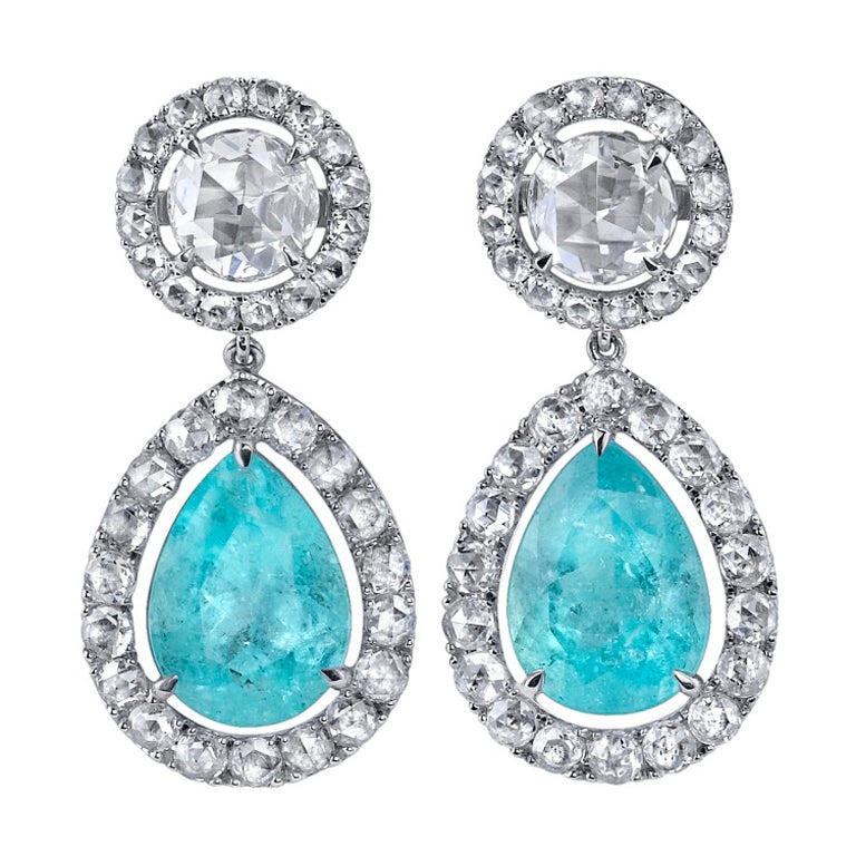 TAMIR Rare Paraiba Tourmaline and Rose Cut Diamond Earrings.