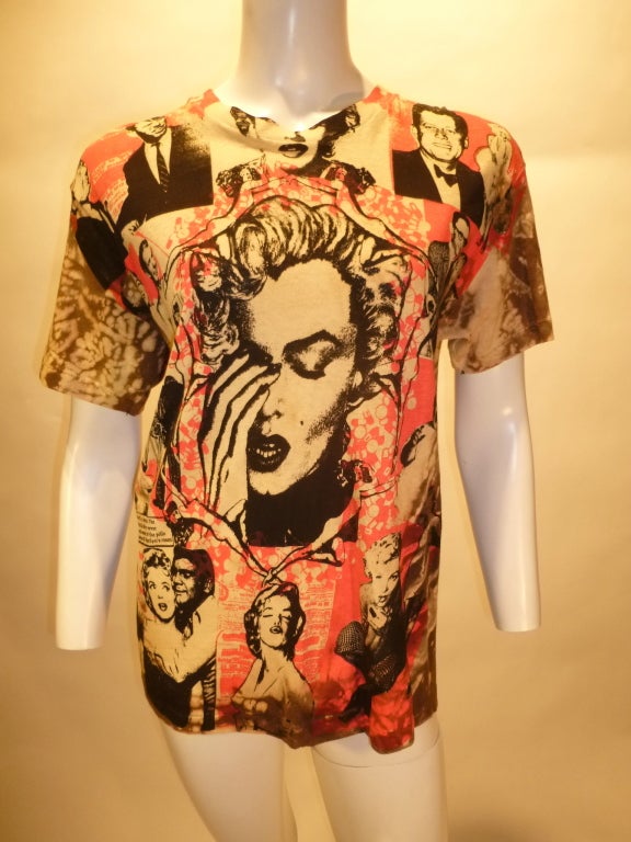 Vintage 1980s Marilyn Pills T-shirt. Multiple screenprints over a splatter-bleached brown tee. Image 3 is the back.